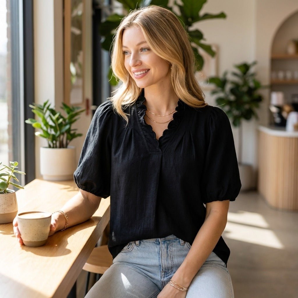 Black V-Neck Linen Blouse - Scallop Trim Short Sleeve Women's Top