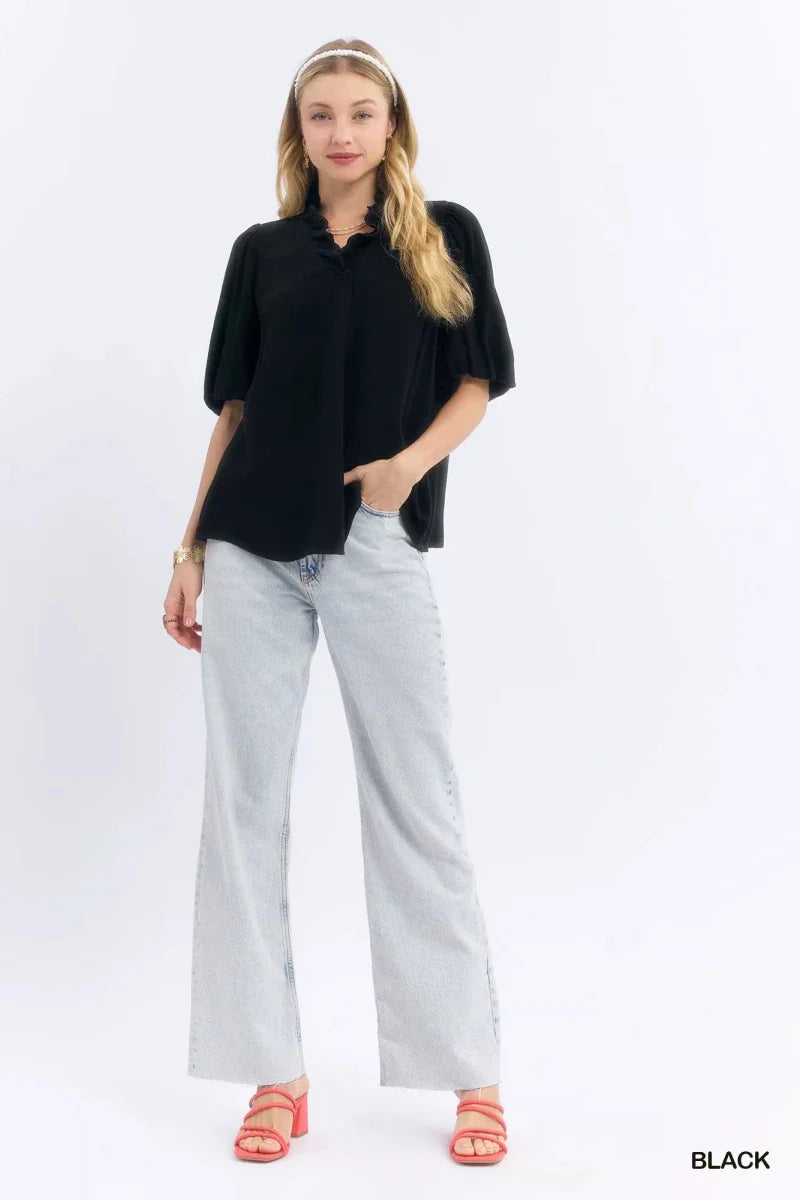 Black V-Neck Linen Blouse - Scallop Trim Short Sleeve Women's Top