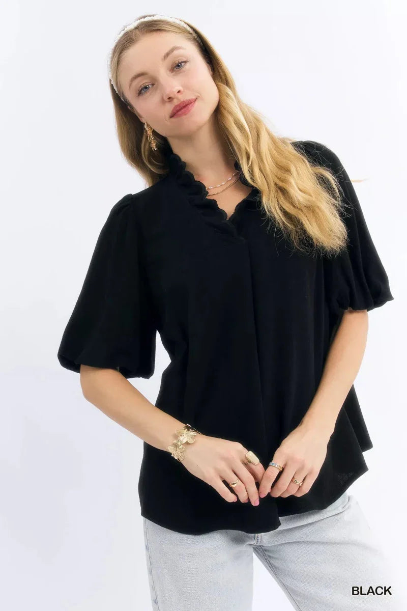 Black V-Neck Linen Blouse - Scallop Trim Short Sleeve Women's Top