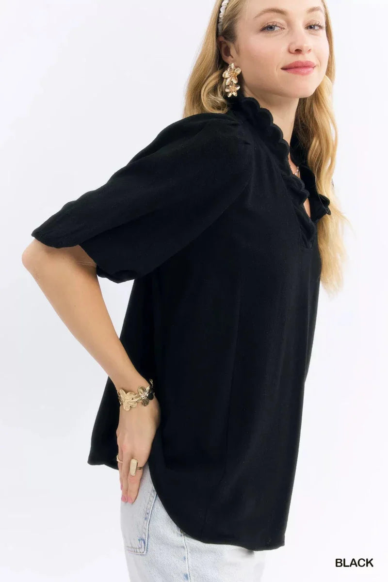 Black V-Neck Linen Blouse - Scallop Trim Short Sleeve Women's Top