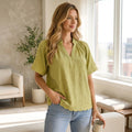 Green Textured Scalloped Hem Blouse - Short Sleeve Round Neck Women's Top