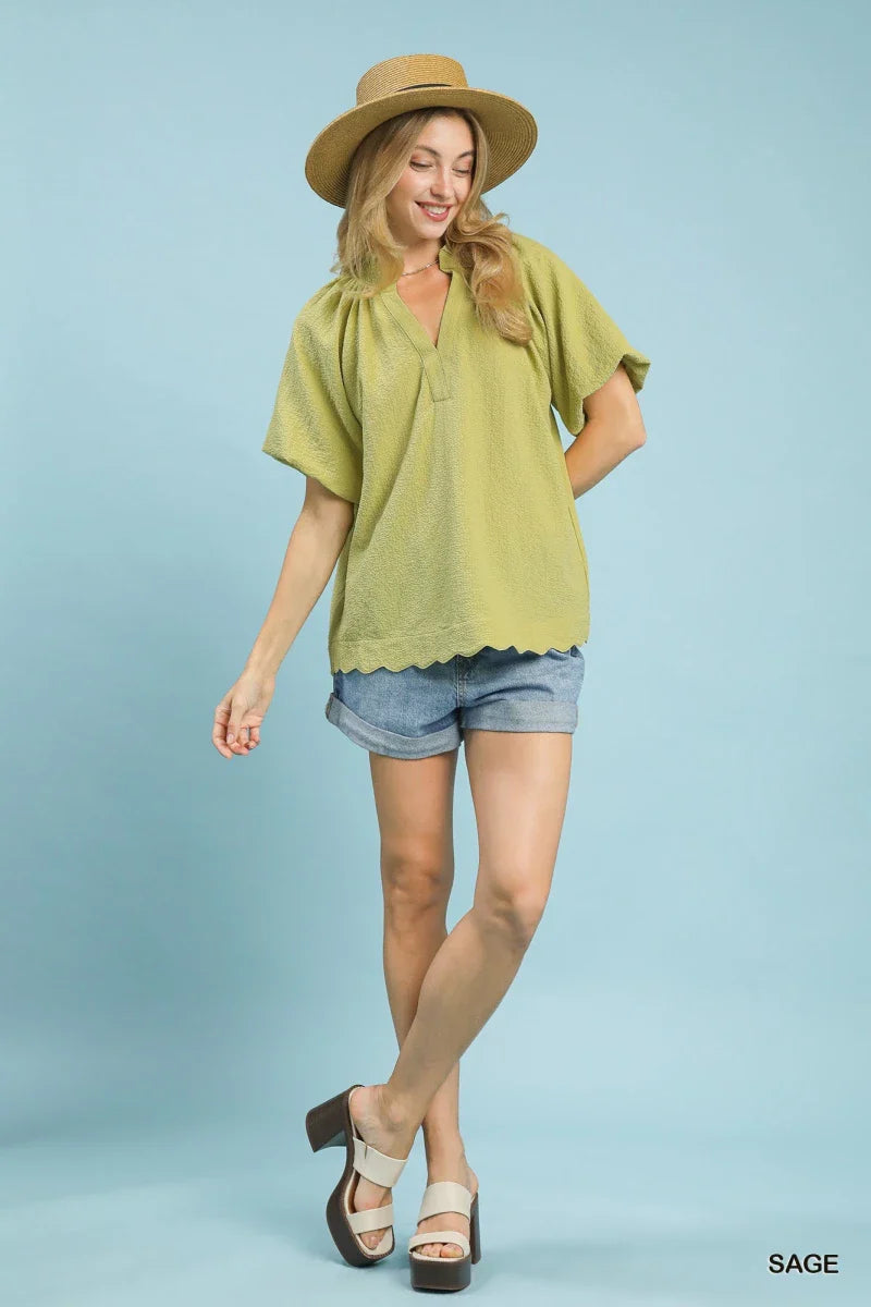 Green Textured Scalloped Hem Blouse - Short Sleeve Round Neck Women's Top