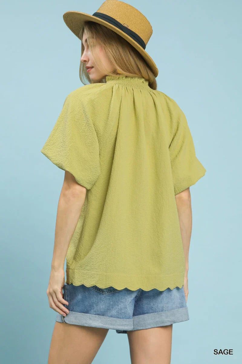 Green Textured Scalloped Hem Blouse - Short Sleeve Round Neck Women's Top