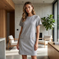 Women's Short Sleeve Suede Mini Dress with Round Neck