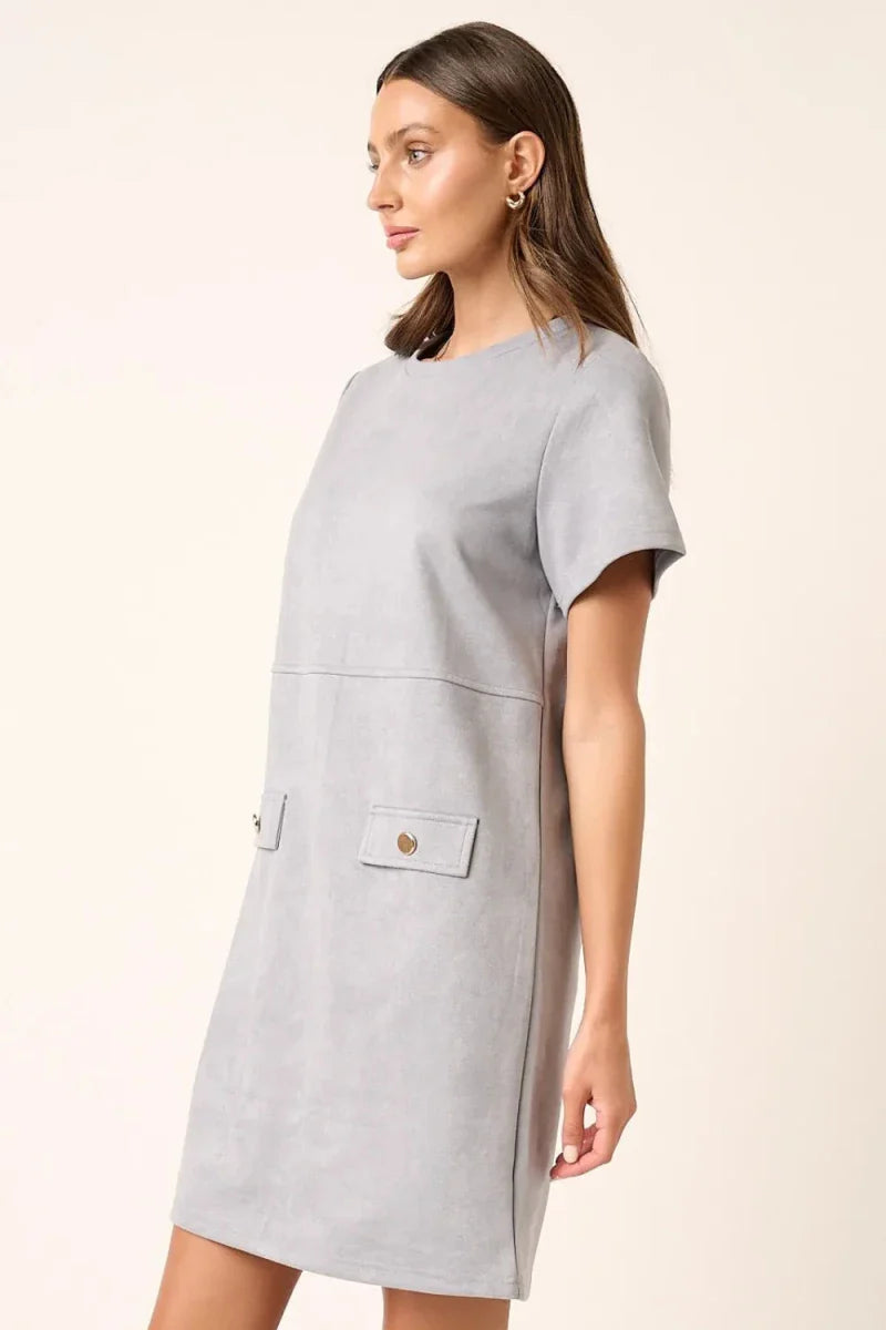 Women's Short Sleeve Suede Mini Dress with Round Neck
