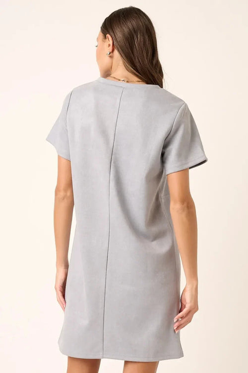 Women's Short Sleeve Suede Mini Dress with Round Neck