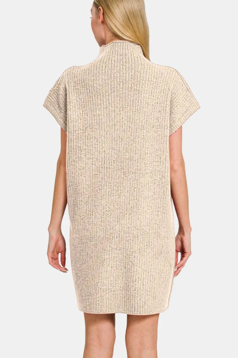 Sand Beige Short Sleeve Sweater Mini Dress - Ribbed Knit Bodycon Women's Casual