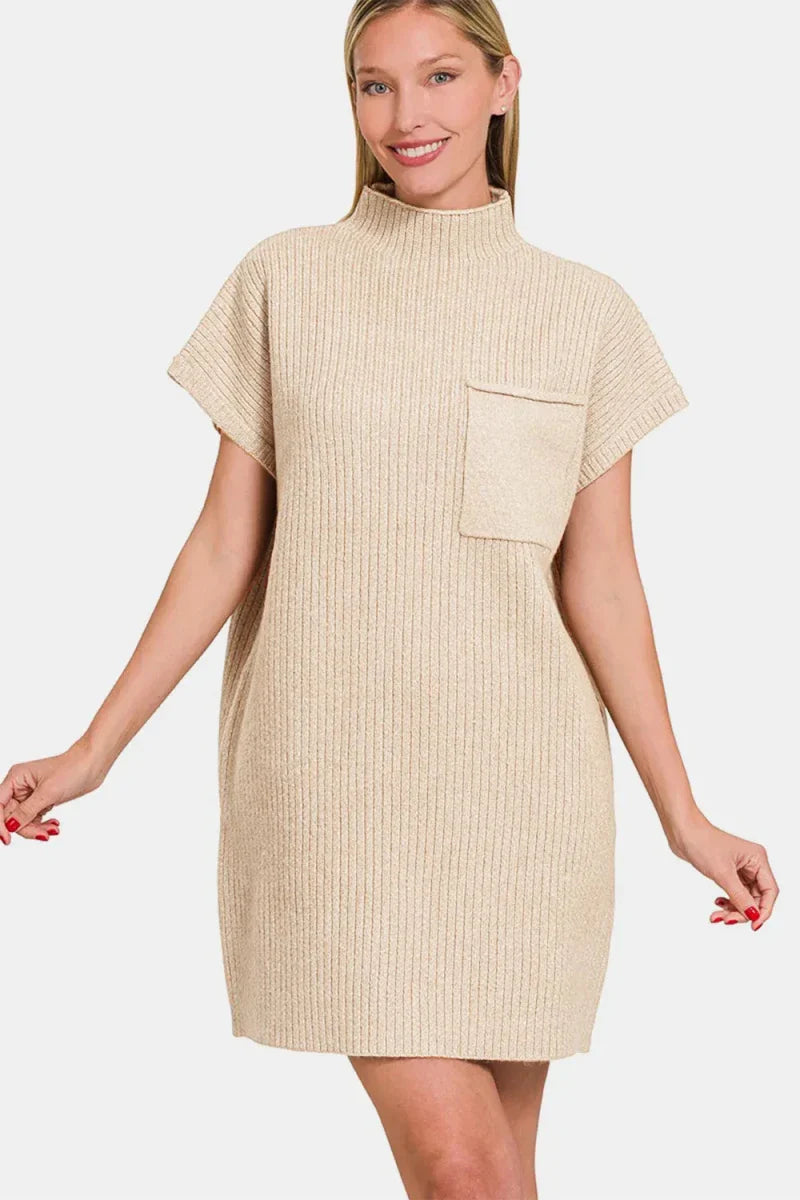 Sand Beige Short Sleeve Sweater Mini Dress - Ribbed Knit Bodycon Women's Casual