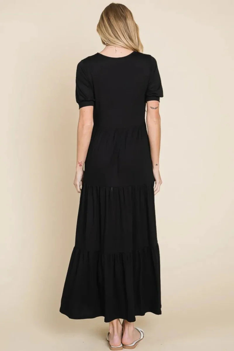 Women's Short Sleeve Tiered Maxi Dress with Ruched Detail