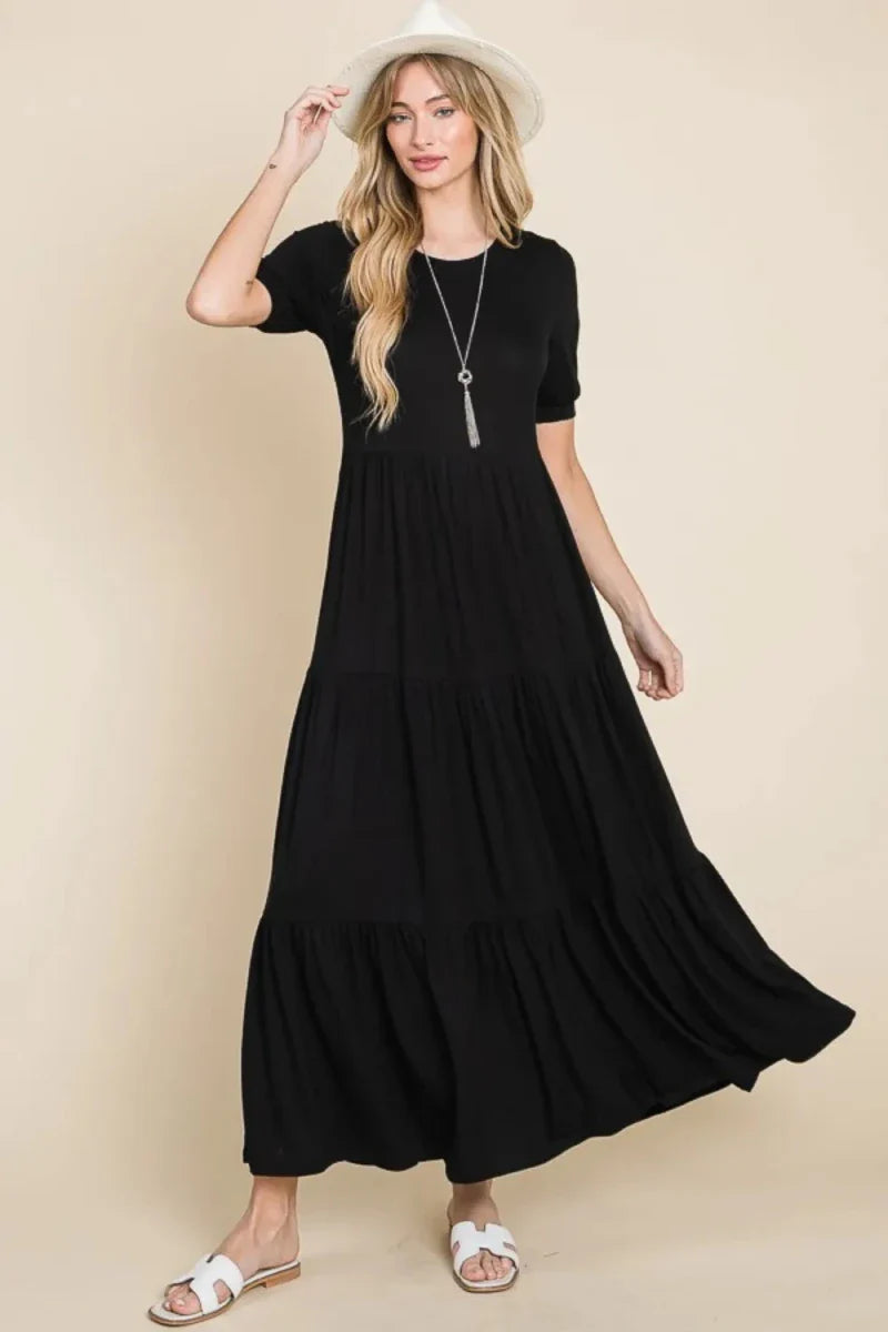 Women's Short Sleeve Tiered Maxi Dress with Ruched Detail