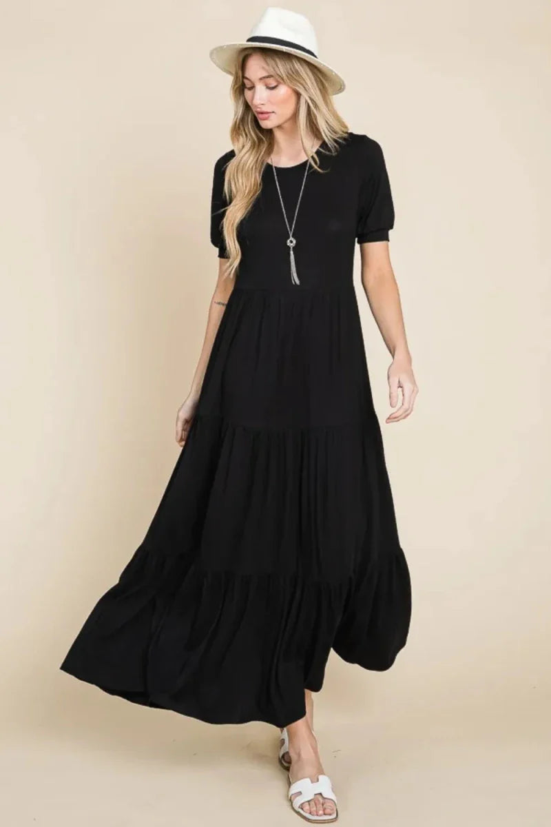 Women's Short Sleeve Tiered Maxi Dress with Ruched Detail