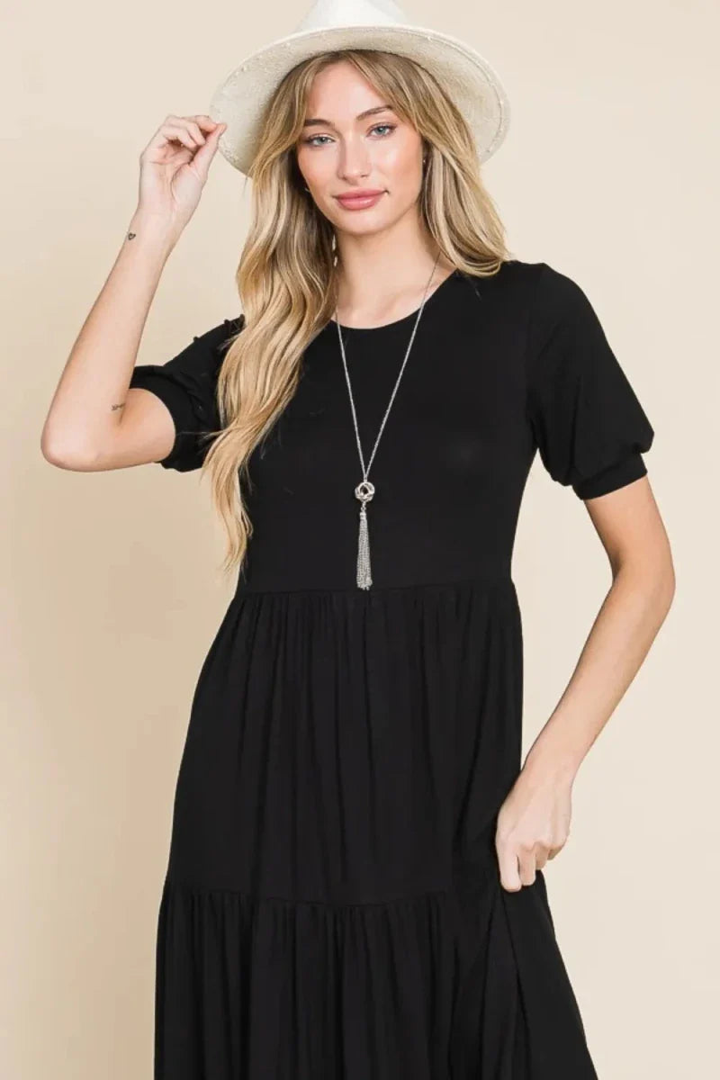 Women's Short Sleeve Tiered Maxi Dress with Ruched Detail
