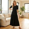 Women's Short Sleeve Tiered Maxi Dress with Ruched Detail