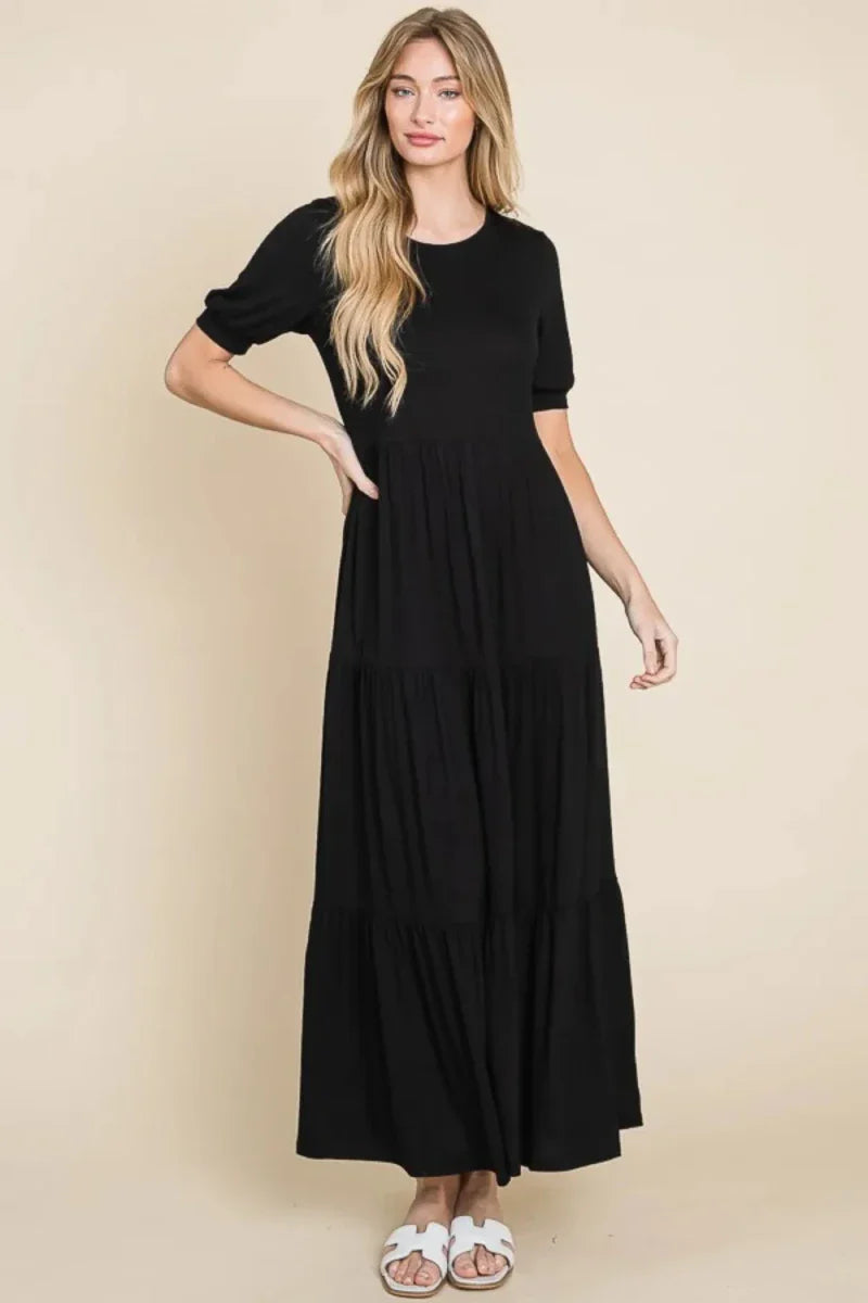 Women's Short Sleeve Tiered Maxi Dress with Ruched Detail