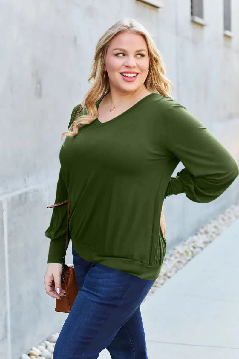 Women's Slightly Stretchy V-Neck Lantern Sleeve Blouse