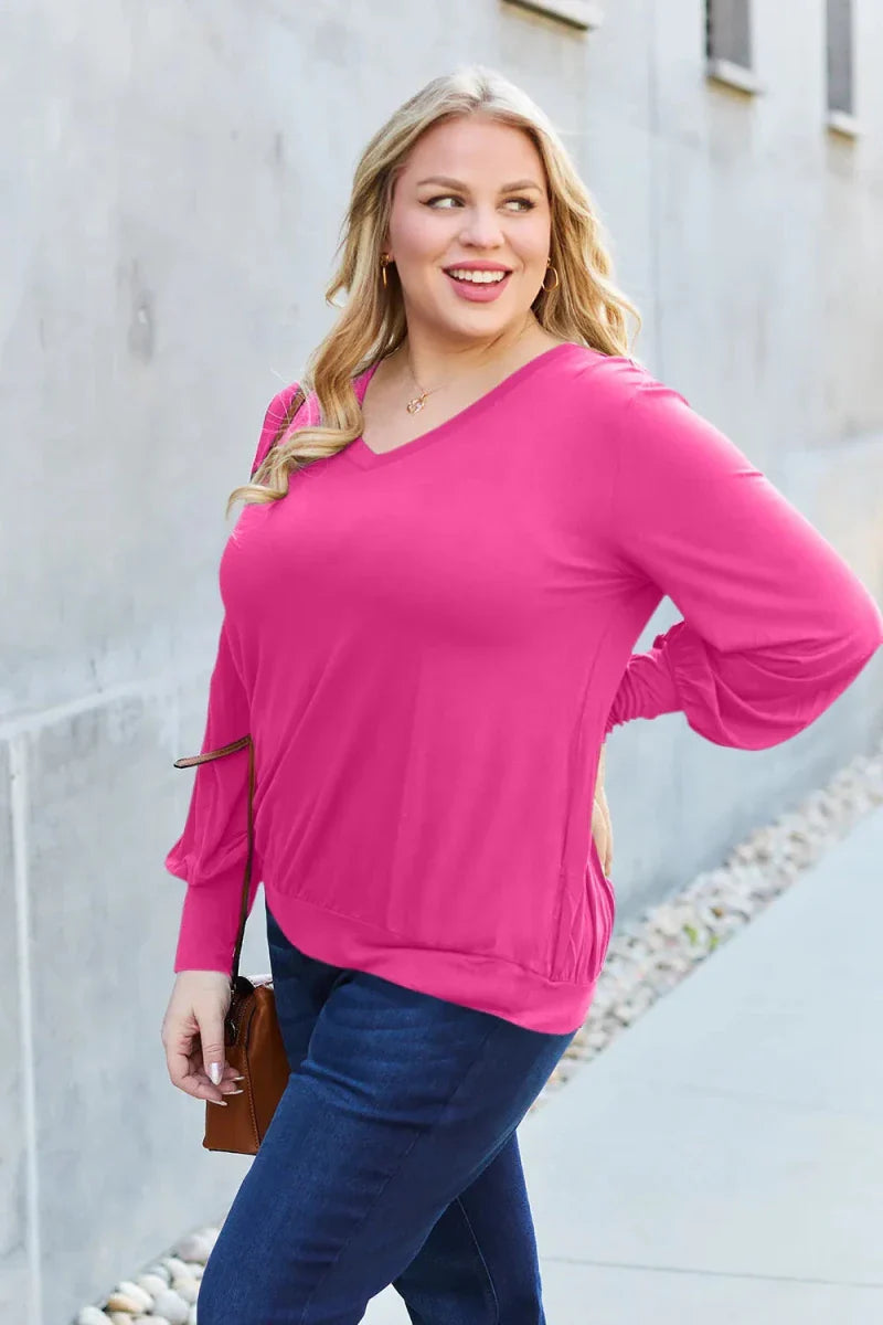 Women's Slightly Stretchy V-Neck Lantern Sleeve Blouse