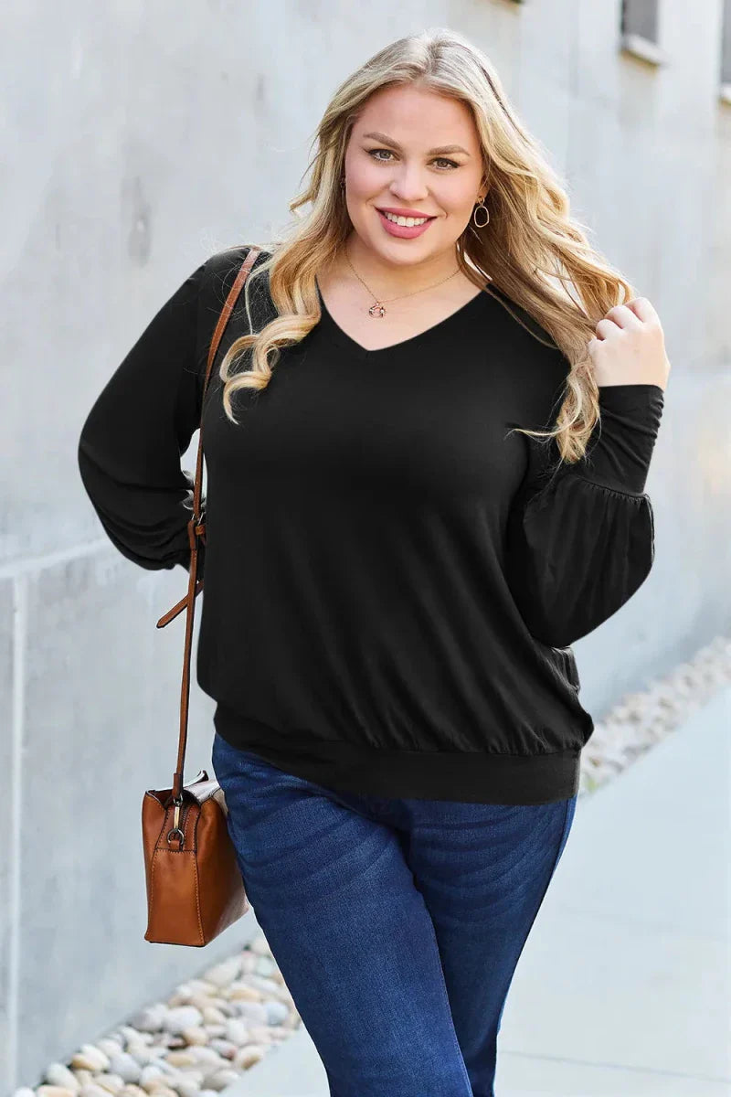 Women's Slightly Stretchy V-Neck Lantern Sleeve Blouse