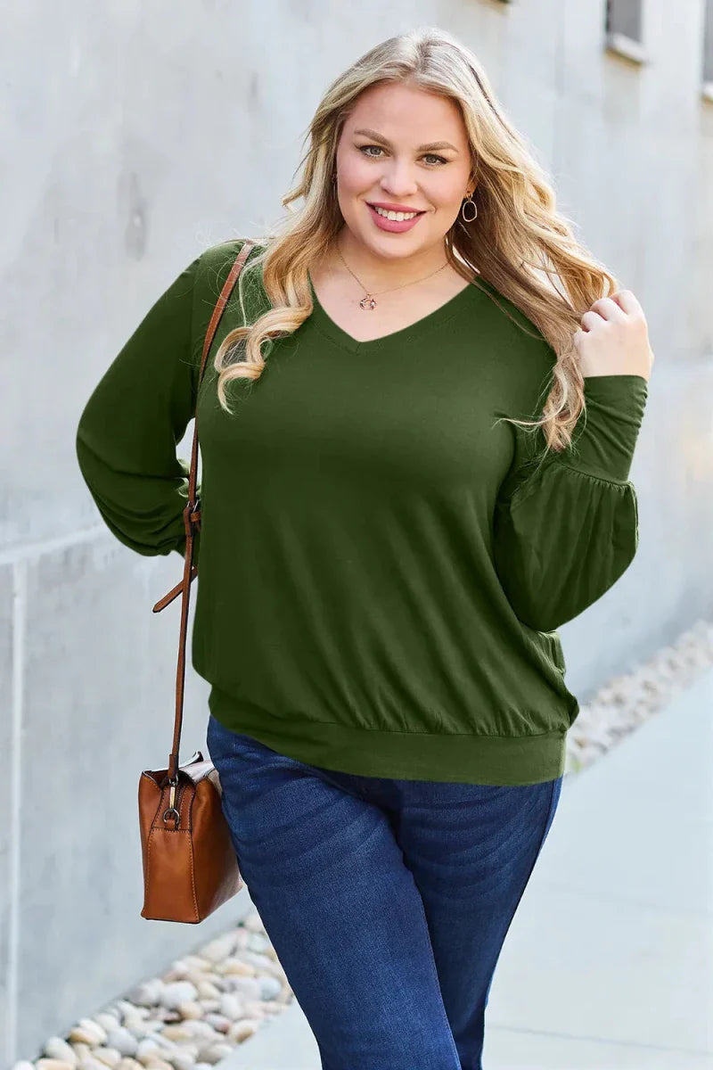 Women's Slightly Stretchy V-Neck Lantern Sleeve Blouse