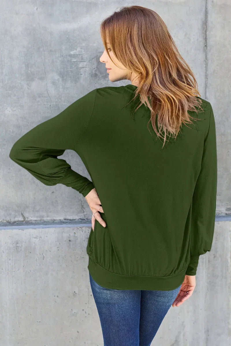 Women's Slightly Stretchy V-Neck Lantern Sleeve Blouse