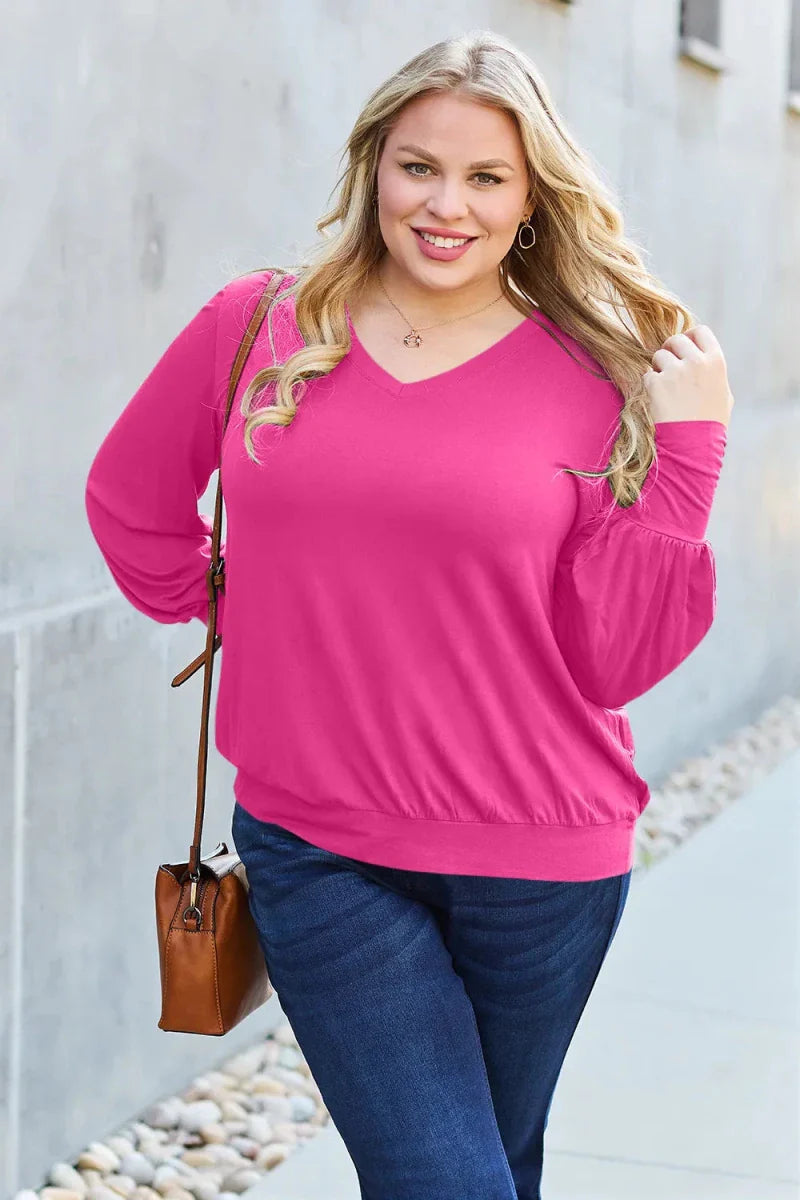 Women's Slightly Stretchy V-Neck Lantern Sleeve Blouse