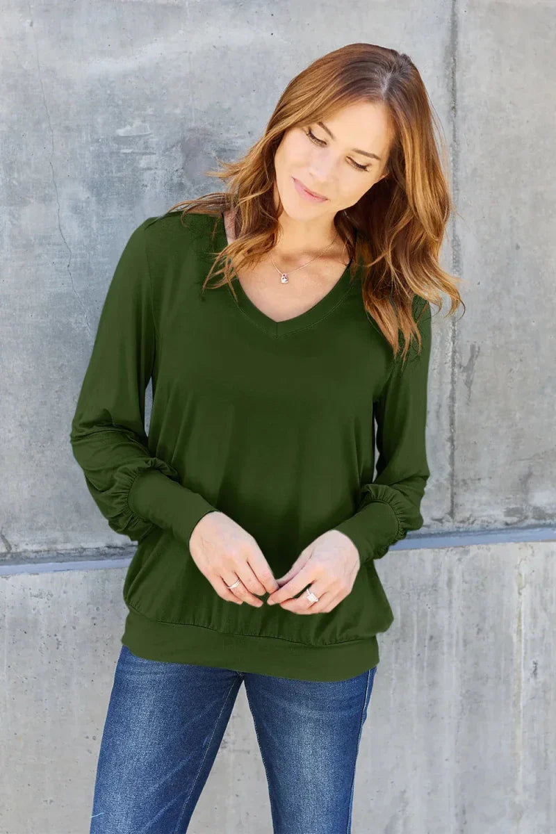 Women's Slightly Stretchy V-Neck Lantern Sleeve Blouse