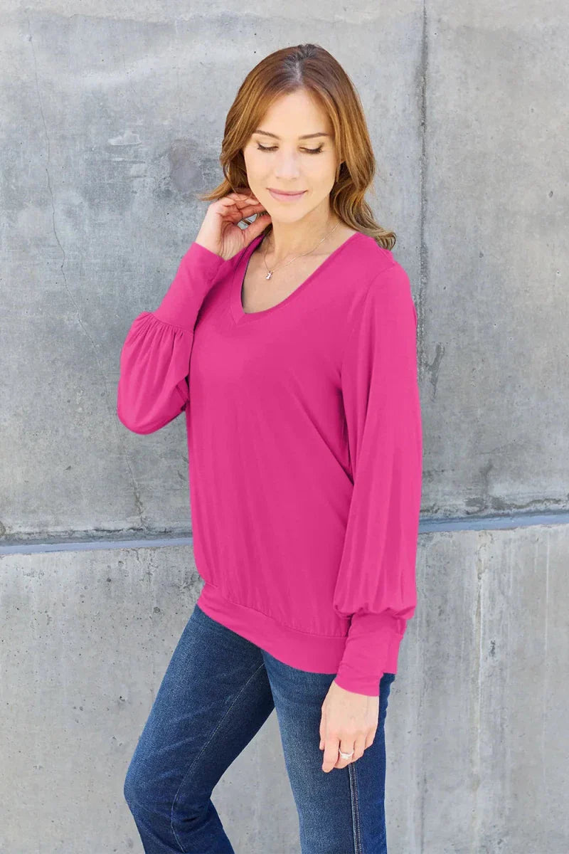 Women's Slightly Stretchy V-Neck Lantern Sleeve Blouse