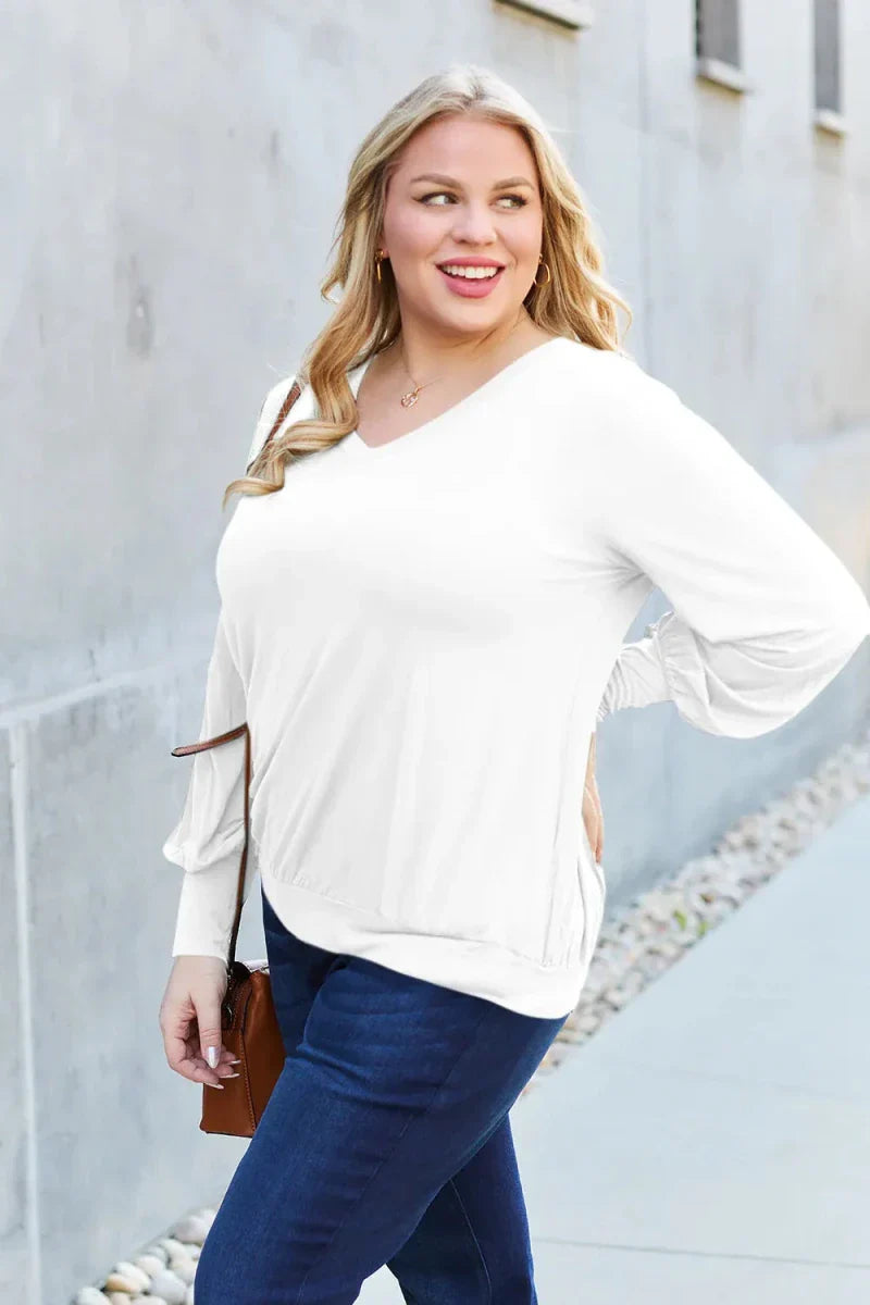 Women's Slightly Stretchy V-Neck Lantern Sleeve Blouse