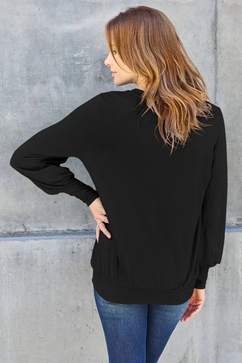 Women's Slightly Stretchy V-Neck Lantern Sleeve Blouse