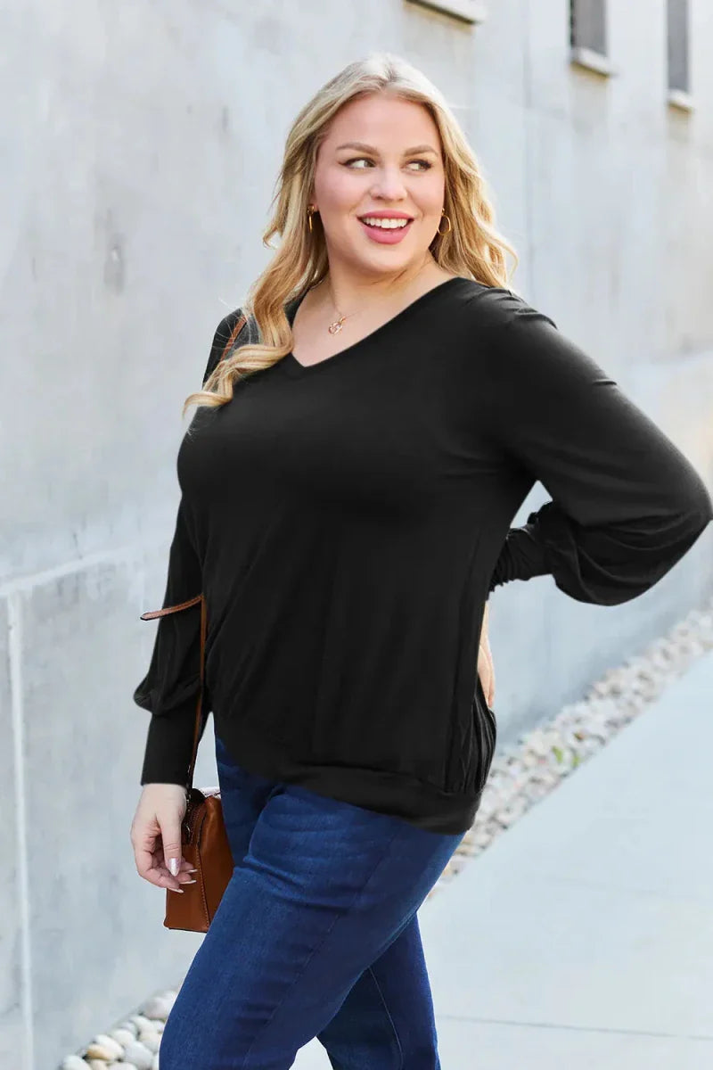 Women's Slightly Stretchy V-Neck Lantern Sleeve Blouse