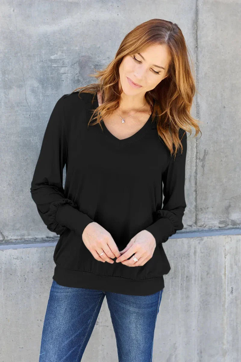 Women's Slightly Stretchy V-Neck Lantern Sleeve Blouse