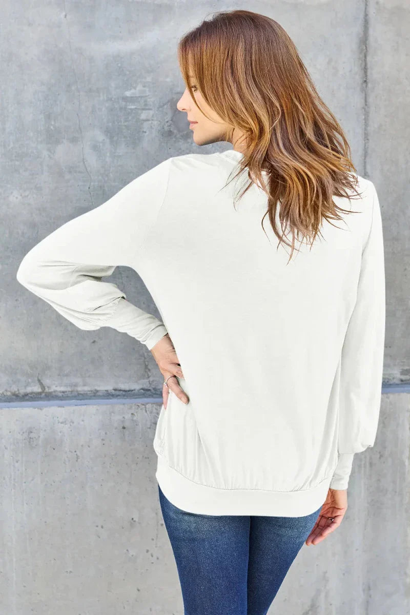Women's Slightly Stretchy V-Neck Lantern Sleeve Blouse