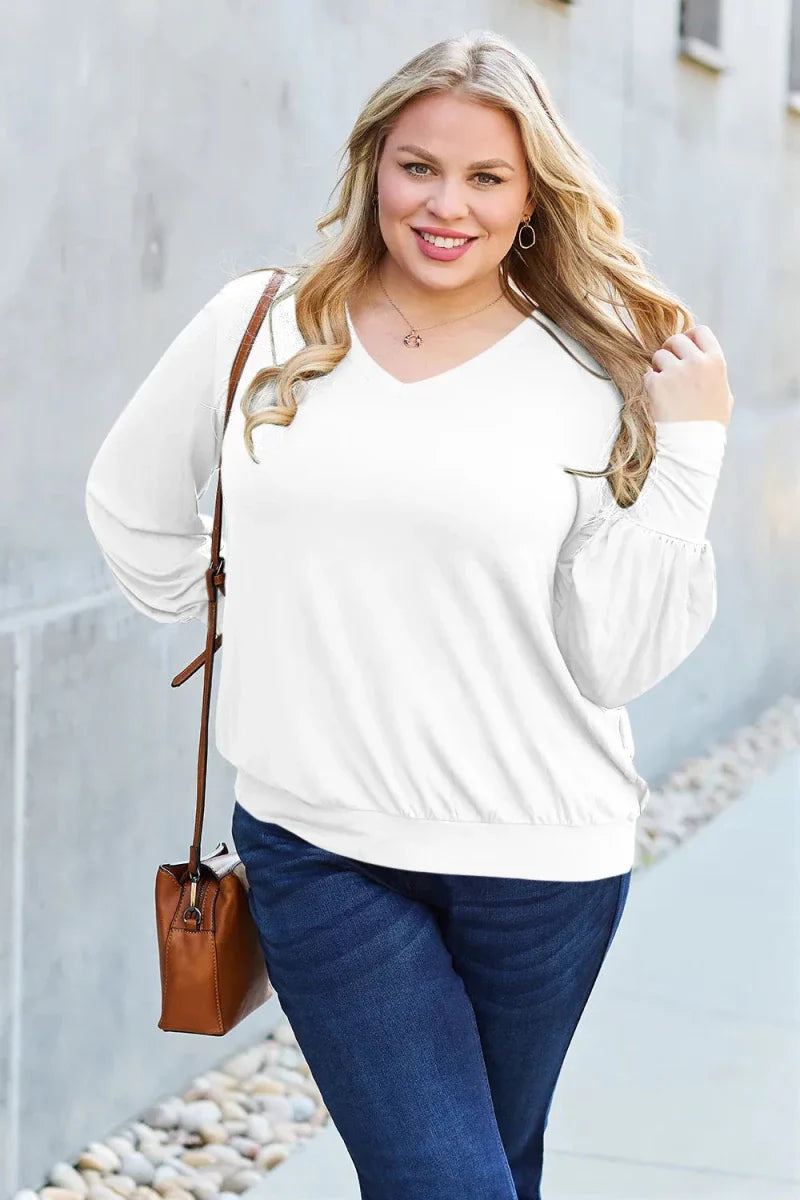 Women's Slightly Stretchy V-Neck Lantern Sleeve Blouse