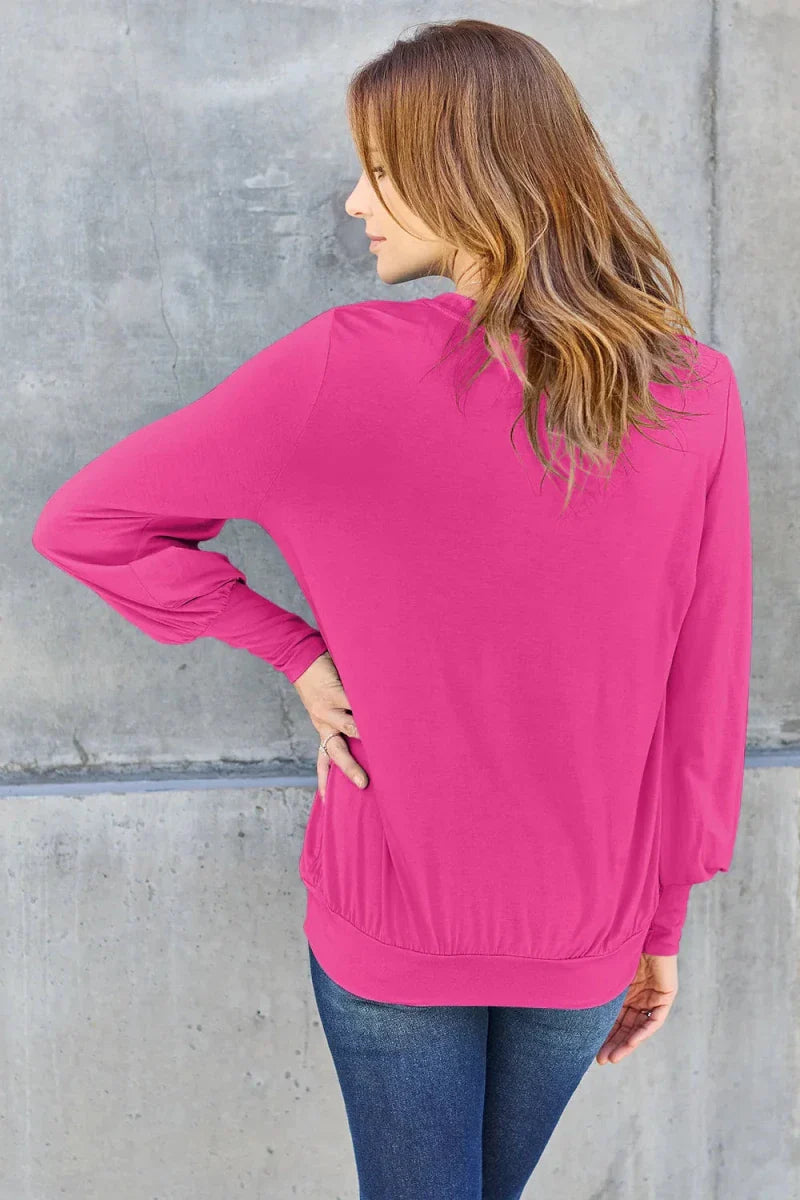 Women's Slightly Stretchy V-Neck Lantern Sleeve Blouse