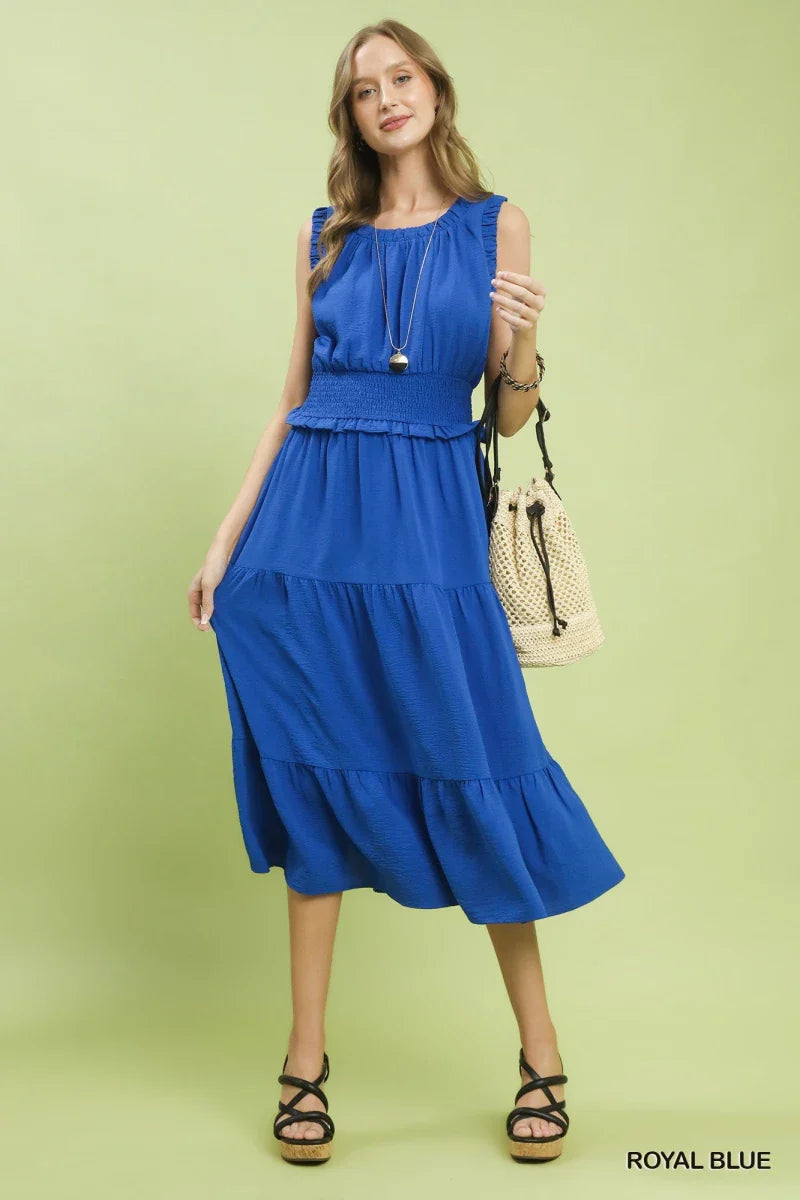 Blue Smocked Waist Tiered Midi Dress - Short Sleeve Floral Boho Women's Casual