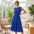Blue Smocked Waist Tiered Midi Dress - Short Sleeve Floral Boho Women's Casual