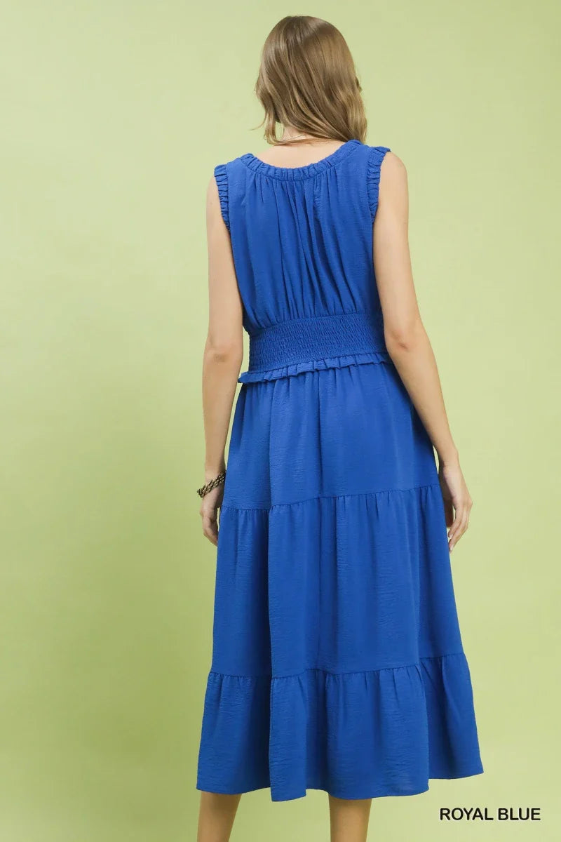 Blue Smocked Waist Tiered Midi Dress - Short Sleeve Floral Boho Women's Casual