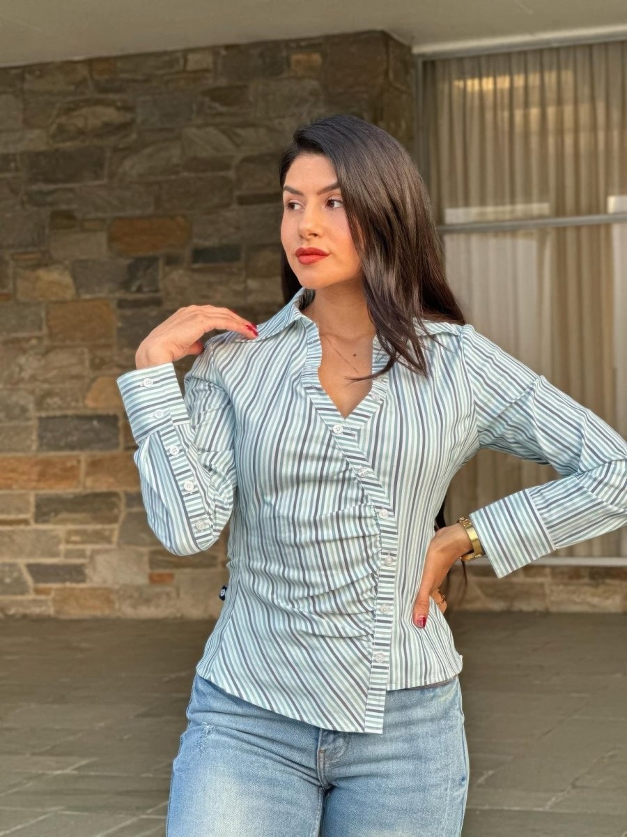 Blouse Stripe Asymmetric Button-Down