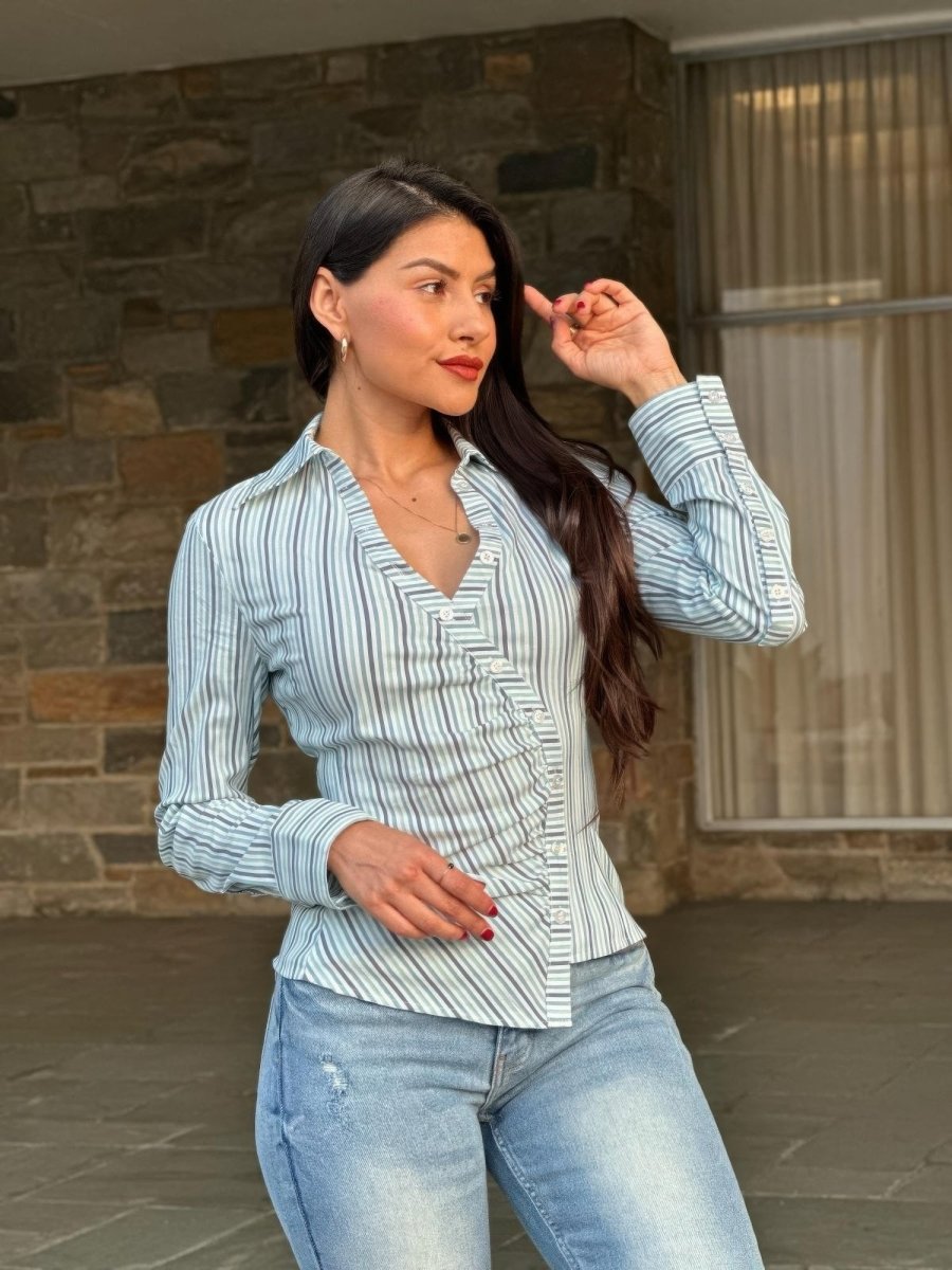 Blouse Stripe Asymmetric Button-Down