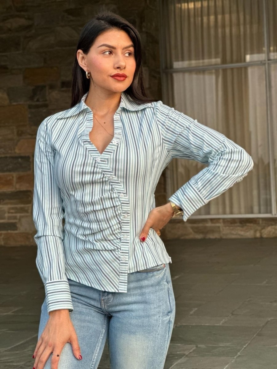 Blouse Stripe Asymmetric Button-Down