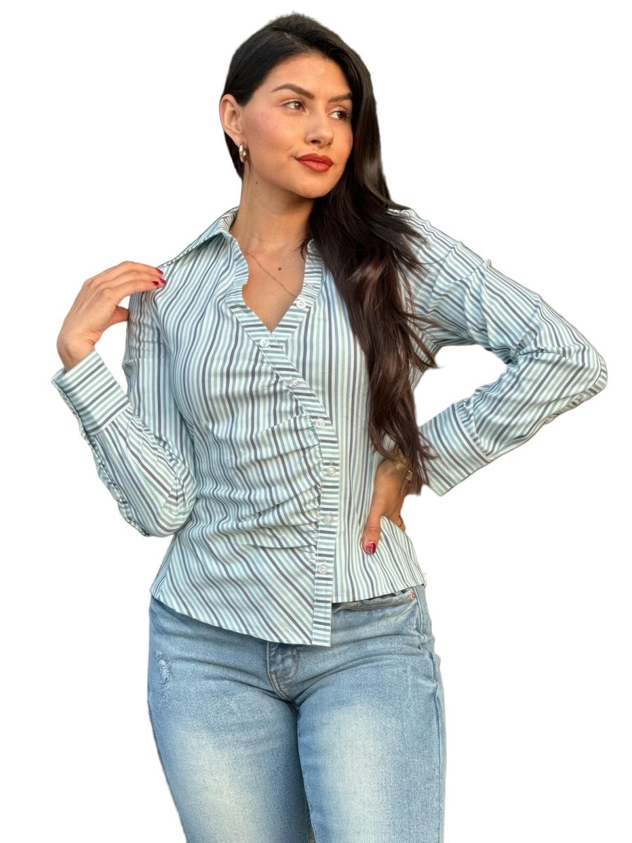 Blouse Stripe Asymmetric Button-Down