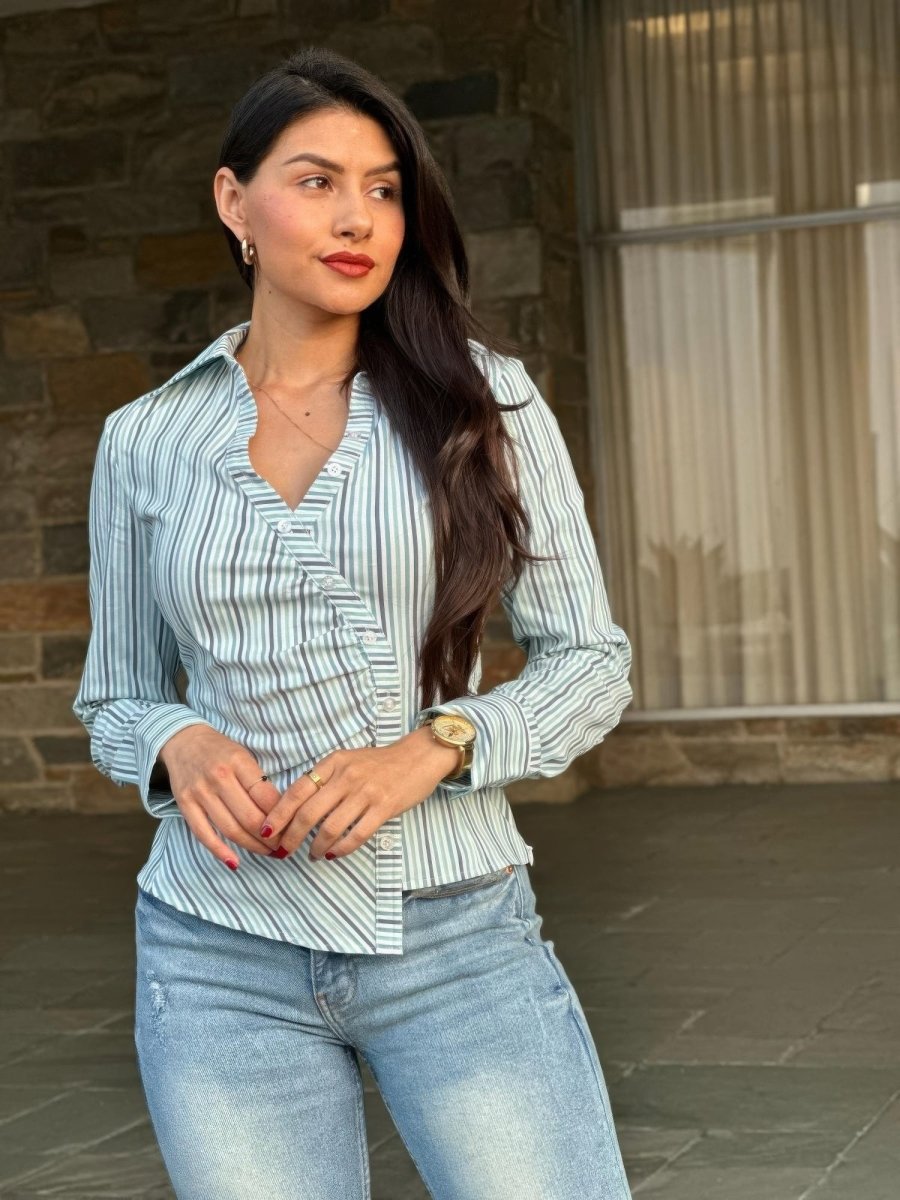 Blouse Stripe Asymmetric Button-Down