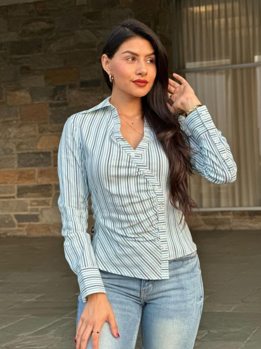 Blouse Stripe Asymmetric Button-Down