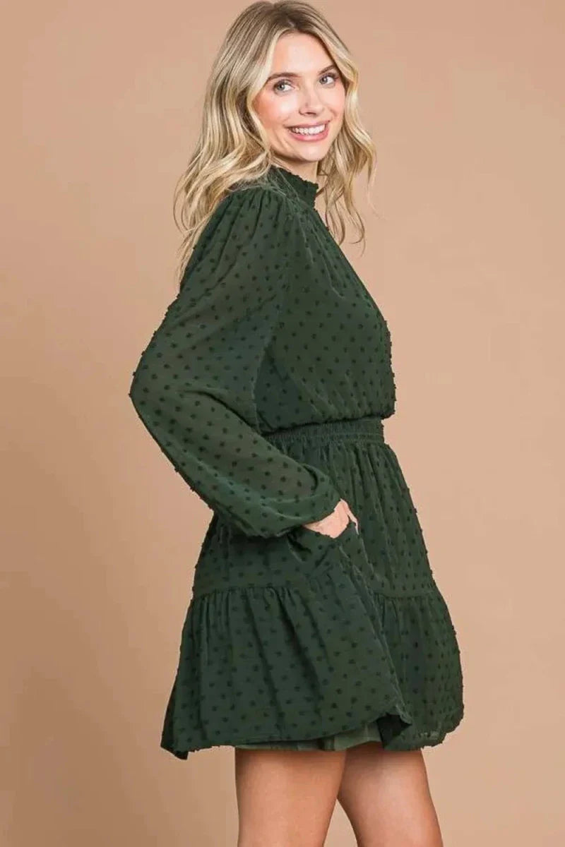 Women's Swiss Dot Smock Neck Mini Dress with Pockets