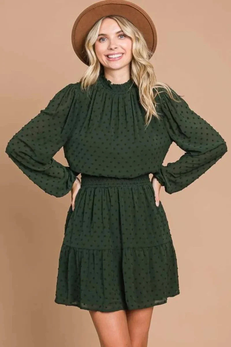 Women's Swiss Dot Smock Neck Mini Dress with Pockets