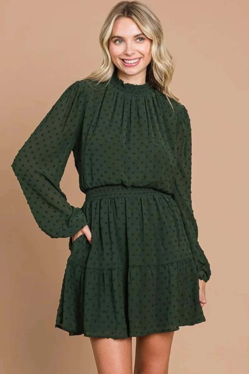 Women's Swiss Dot Smock Neck Mini Dress with Pockets