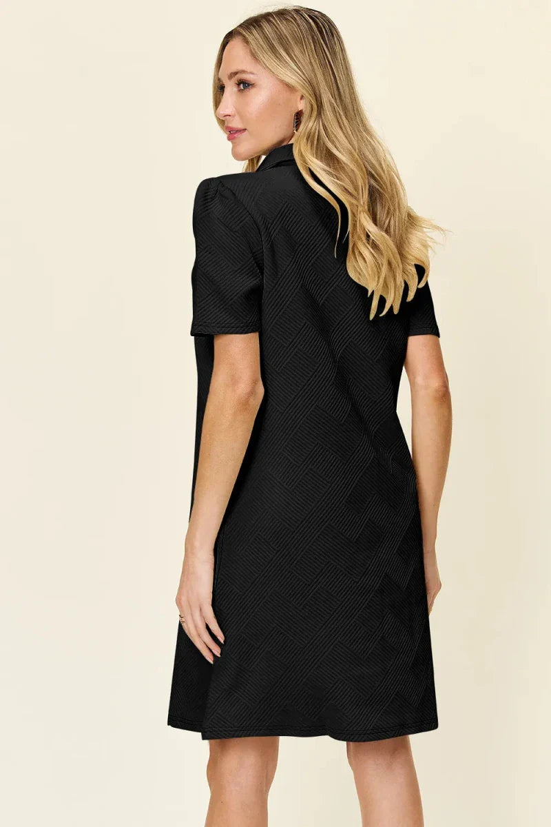 Textured Collared Neck Short Sleeve Mini Dress - Button Up A-Line Women's Casual