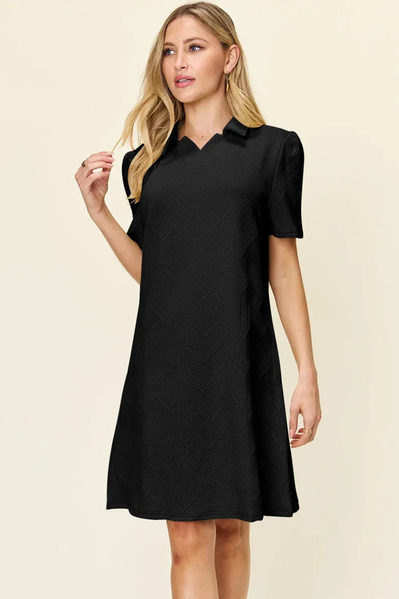 Textured Collared Neck Short Sleeve Mini Dress - Button Up A-Line Women's Casual