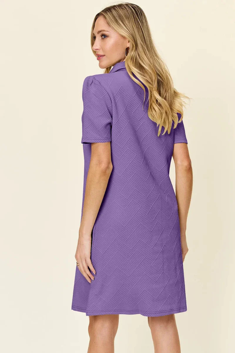 Textured Collared Neck Short Sleeve Mini Dress - Button Up A-Line Women's Casual