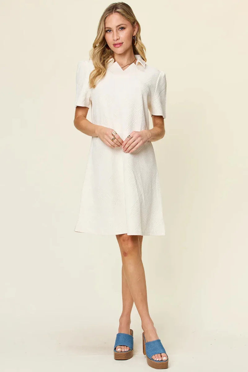 Textured Collared Neck Short Sleeve Mini Dress - Button Up A-Line Women's Casual