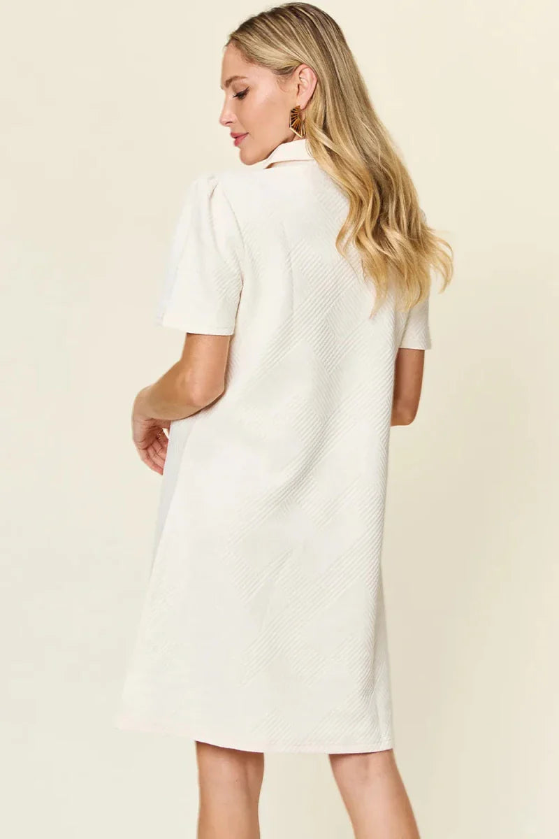 Textured Collared Neck Short Sleeve Mini Dress - Button Up A-Line Women's Casual